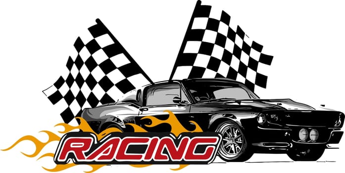 Muscle Car with flames and race flag