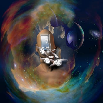 Man's head with open door to another world. Deep space background. Winged clocks represents flow of time