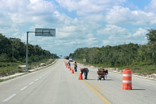 road works on the 307 road near bacalar, quintana roo, mexico.