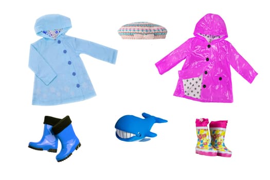 Collage set of children clothes. Collection of spring and autumn clothes isolated on a white background. Closeup of clothes in rain season.