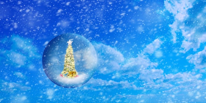 Conceptual image of decorated Christmas tree in glass sphere floating in air over sunny sky