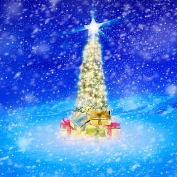 Conceptual image of decorated Christmas tree with colorful lights and ornaments on snow covered landscape