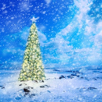 Conceptual image of decorated Christmas tree with colorful lights and ornaments