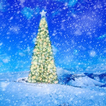 Conceptual image of decorated Christmas tree with colorful lights and ornaments on snow covered landscape
