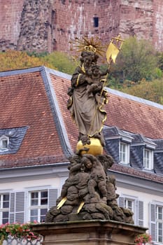 Kornmarkt-Madonna fountain sculpture on the Kornmarkt in the old town of Heidelberg