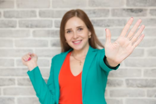 emotions girl with long dark hair, hands outstretched palms open