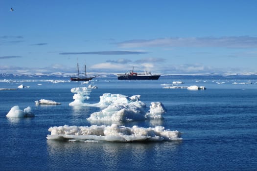 Sailship and Motor Vessel at Kapp Lee, Svalbard Coast
