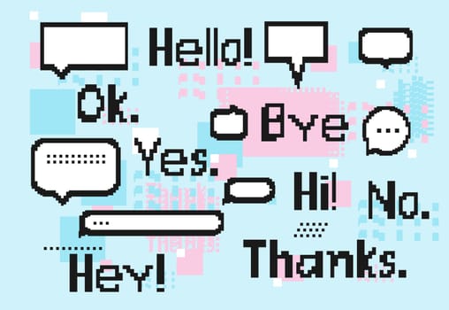 Empty white 8 bit speech bubbles set and trendy pixel short phrases, elements. Black White Blue Pink colors