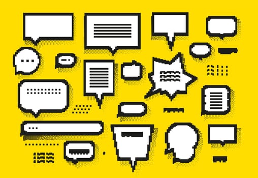 Empty white 8 bit speech bubbles set and trendy pixel elements with halftone shadows.