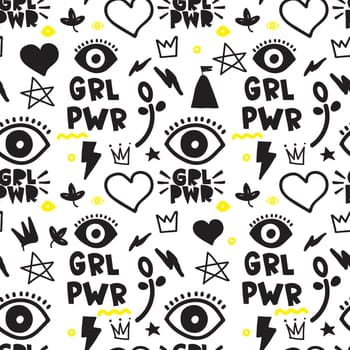 Universal trend hand drawing seamless pattern. Trendy doodles shapes juxtaposed with bright bold elements composition. Design for Magazine Leaflet Billboard Sale Advertisement Stickers Wall everywhere