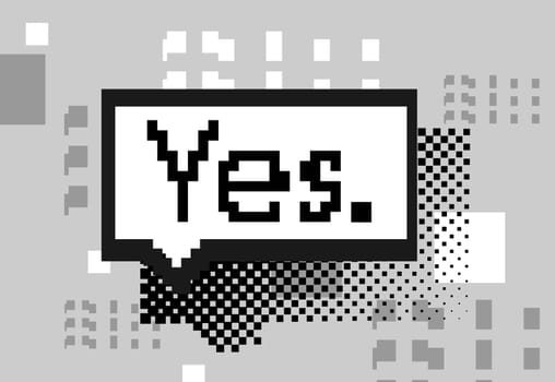 Empty white 8 bit single speech bubble and trendy pixel elements, shapes. Short phrase Hey. Black White Blue Pink colors