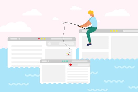 A man sit on computer window trying to catch webpage on the hook. In ocean of ideas find your web design. Fresh form concept, pastel color. Startup, social media, advertising, marketing, UI UX process