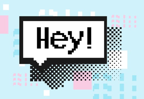 Empty white 8 bit single speech bubble and trendy pixel elements, shapes. Short phrase Hey. Black White Blue Pink colors