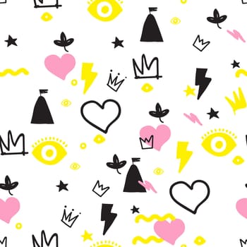 Universal trend hand drawing seamless pattern. Trendy doodles shapes juxtaposed with bright bold elements composition. Design for Magazine Leaflet Billboard Sale Advertisement Stickers Wall everywhere