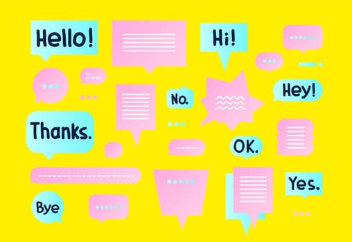 Vector colorful Simple flat speech bubbles shapes set and trendy hand drawn short phrases. Blue Pink Yellow colors
