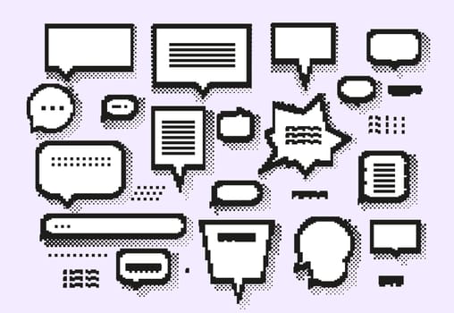 Empty white 8 bit speech bubbles set and trendy pixel elements with halftone shadows. Black White light violet colors
