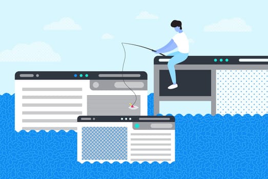 A man trying to catch webpage on the hook. In an endless stream of ideas find your web design version. Fresh forms concept, pastel colors. Startup, social media, advertising, marketing, UI UX process