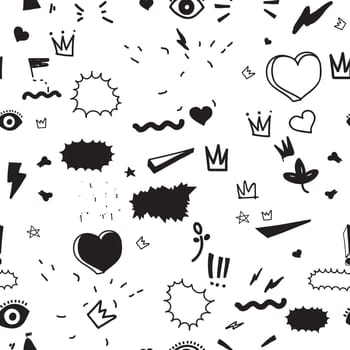 Universal trend hand drawing seamless pattern. Trendy doodles shapes juxtaposed with bright bold elements composition. Design for Magazine Leaflet Billboard Sale Advertisement Stickers Wall everywhere
