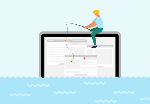 A man sit on computer trying to catch webpage on the hook. In ocean of ideas find your web design. Fresh form concept, pastel color. Startup, social media, advertising, marketing, UI UX process
