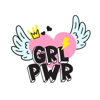 GRL PWR short quote. Girl Power cute hand drawing illustration for print, brochure, greeting card, bag, clothing. To stick on laptop, phone, wall. Modern motivational text, feminist tattoo trend