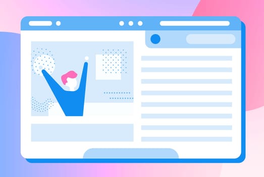 A happy man looks out of a computer window. Concept simple flat illustration of a web page. Digital article, Success, achievement, activity in social networks, victory, startup, advertising, marketing