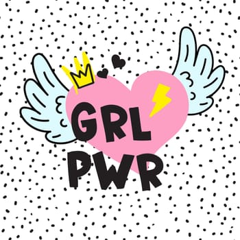 GRL PWR short quote. Girl Power cute hand drawing illustration for print, brochure, greeting card, bag, clothing. To stick on laptop, phone, wall. Modern motivational text, feminist tattoo trend