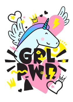GRL PWR short quote. Girl Power cute hand drawing illustration for print, brochure, greeting card, bag, clothing. To stick on laptop, phone, wall. Modern motivational text, feminist tattoo trend