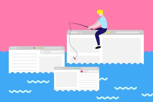 A man sit on computer window trying to catch webpage on the hook. In ocean of ideas find your web design. Fresh form concept, pastel color. Startup, social media, advertising, marketing, UI UX process