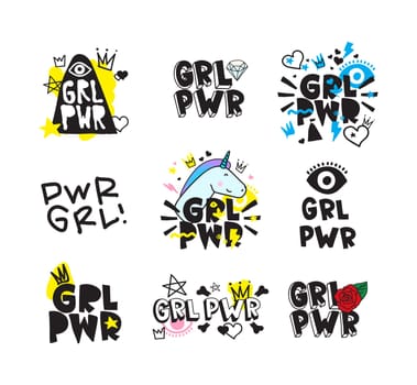 Typography colorful slogan Girl Power text, decoration. GRL PWR short quote, simple cute illustration for Print Bag Sticker Clothing Laptop Phone Wall everywhere. Modern feminist picture, tattoo trend