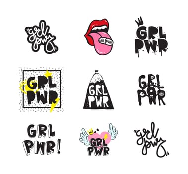 Typography slogan with Girl Power text. GRL PWR short quote set, simple cute illustration for Print Bag Sticker Clothing Laptop Phone Wall everywhere. Modern feminist slogan, tattoo trend