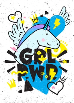 GRL PWR short quote. Girl Power cute hand drawing illustration for print, brochure, greeting card, bag, clothing. To stick on laptop, phone, wall. Modern motivational text, feminist tattoo trend