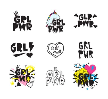 Typography colorful slogan Girl Power text, decoration. GRL PWR short quote, simple cute illustration for Print Bag Sticker Clothing Laptop Phone Wall everywhere. Modern feminist picture, tattoo trend