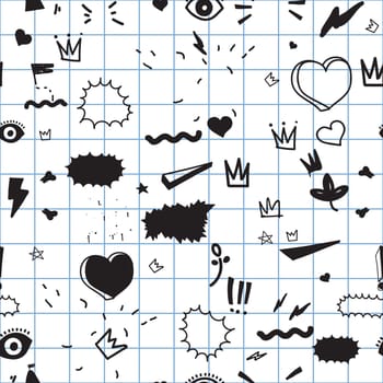 Universal trend hand drawing seamless pattern. Trendy doodles shapes juxtaposed with bright bold elements composition. Design for Magazine Leaflet Billboard Sale Advertisement Stickers Wall everywhere