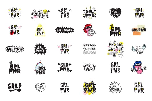 Typography slogan with Girl Power text. GRL PWR short quote set, simple cute illustration for Print Bag Sticker Clothing Laptop Phone Wall everywhere. Modern feminist slogan, tattoo trend