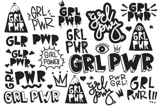 Typography slogan Girl Power text, decorative elements. GRL PWR short quote, simple cute illustration for Print Bag Sticker Clothing Laptop Phone Wall everywhere. Modern feminist picture, tattoo trend