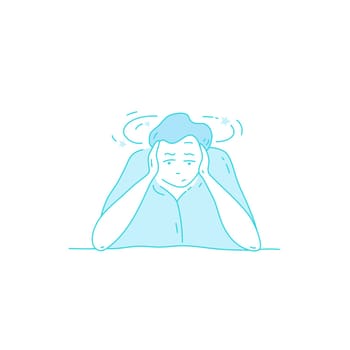 Sick stressed dizzy person touches her forehead and is dizzy. Vector hand drawn illustration. Man suffering from vertigo, dizziness, headache pain portrait