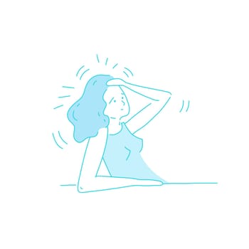 Sick stressed dizzy person touches her forehead and is dizzy. Vector hand drawn illustration. Man suffering from vertigo, dizziness, headache pain portrait