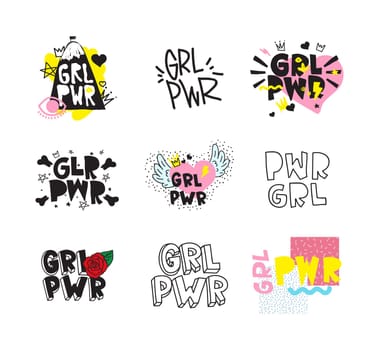 Typography colorful slogan Girl Power text, decoration. GRL PWR short quote, simple cute illustration for Print Bag Sticker Clothing Laptop Phone Wall everywhere. Modern feminist picture, tattoo trend