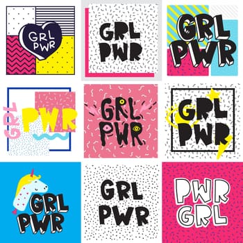 Typography colorful slogan Girl Power text, decoration. GRL PWR short quote, simple cute illustration for Print Bag Sticker Clothing Laptop Phone Wall everywhere. Modern feminist picture, tattoo trend