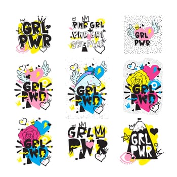 Typography colorful slogan Girl Power text, decoration. GRL PWR short quote, simple cute illustration for Print Bag Sticker Clothing Laptop Phone Wall everywhere. Modern feminist picture, tattoo trend