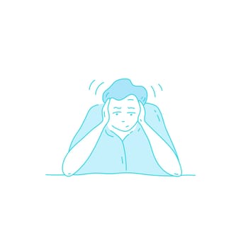 Sick stressed dizzy person touches her forehead and is dizzy. Vector hand drawn illustration. Man suffering from vertigo, dizziness, headache pain portrait
