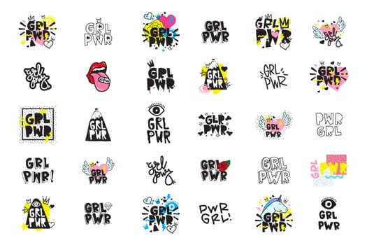 Typography slogan with Girl Power text. GRL PWR short quote set, simple cute illustration for Print Bag Sticker Clothing Laptop Phone Wall everywhere. Modern feminist slogan, tattoo trend