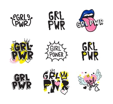 Typography colorful slogan Girl Power text, decoration. GRL PWR short quote, simple cute illustration for Print Bag Sticker Clothing Laptop Phone Wall everywhere. Modern feminist picture, tattoo trend