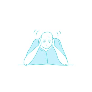 Sick stressed dizzy person touches her forehead and is dizzy. Vector hand drawn illustration. Man suffering from vertigo, dizziness, headache pain portrait