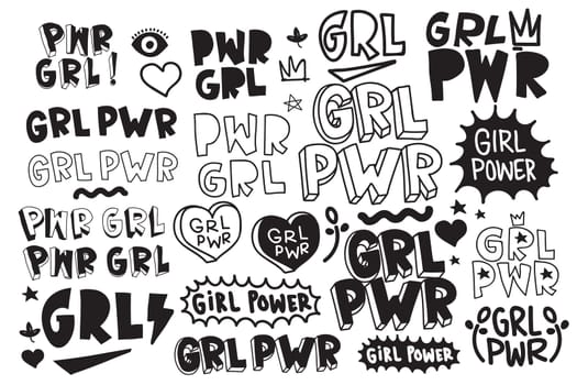 Typography slogan Girl Power text, decorative elements. GRL PWR short quote, simple cute illustration for Print Bag Sticker Clothing Laptop Phone Wall everywhere. Modern feminist picture, tattoo trend