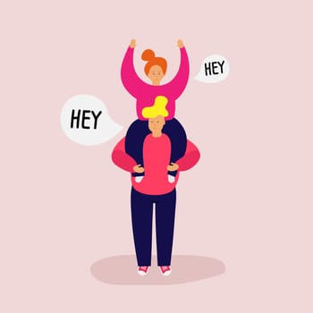 Smiling girl sits on shoulders of guy and raise two hands. Hey text message. Vector illustration in bright Pink colors. Web Banner Ad Poster Welcome Greeting card. Easy editable shapes objects