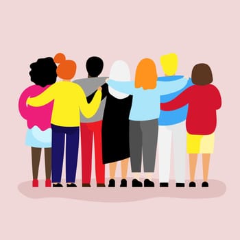 Friends forever. Friendly group of people stand and hugging together with their backs. Bright colored illustration for event celebration Greeting card Startup business Web banner
