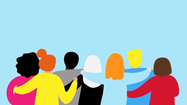 Friends forever. Friendly group of people stand and hugging together with their backs. Bright colored illustration for event celebration Greeting card Startup business Web banner. EPS10 vector