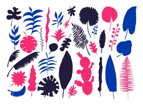 Vector set of bright tropical plants. Colorful hand-drawn Leaves, Inflorescences, Flowers. Blue Black Pink colors