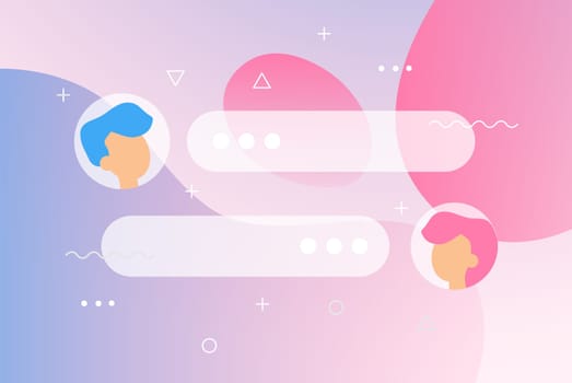 New Chat messages notification on gradient backdrop. Flat design illustration vector bubbles, geometric elements on screen, person chatting, online support, Internet virtual assistant concept